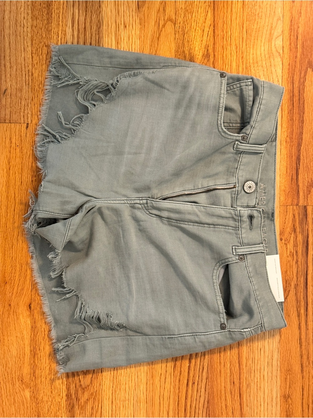 American Eagle Outfitters Distressed High-Rise Denim Shorts — Light Gray/Green